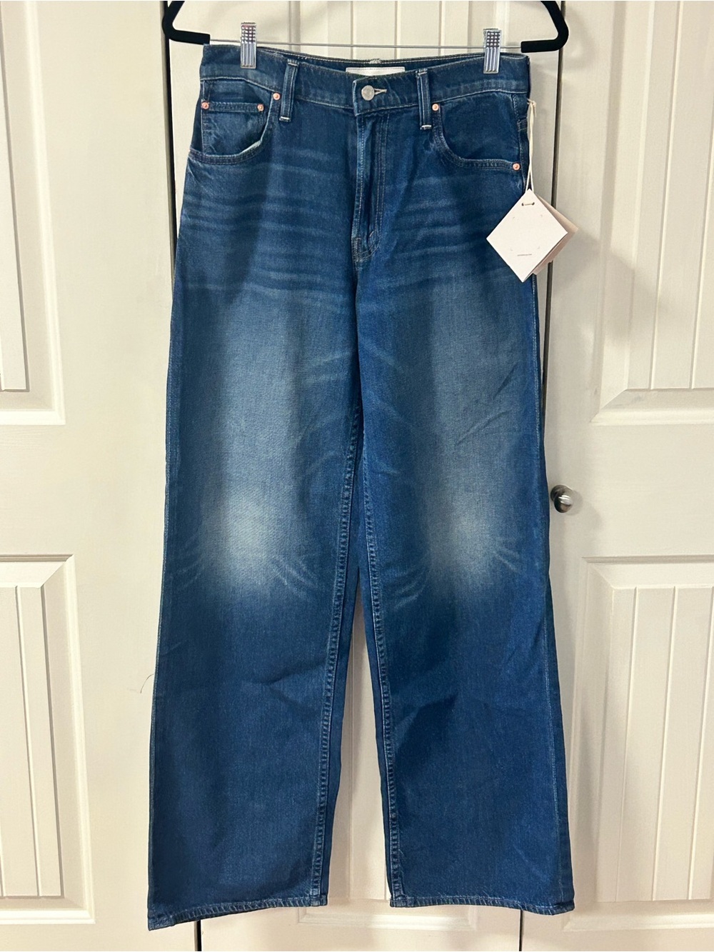 MOTHER The Spinner Zip Sneak Wide Leg Flare Jeans in Dark Blue Denim - Picture 6 of 9